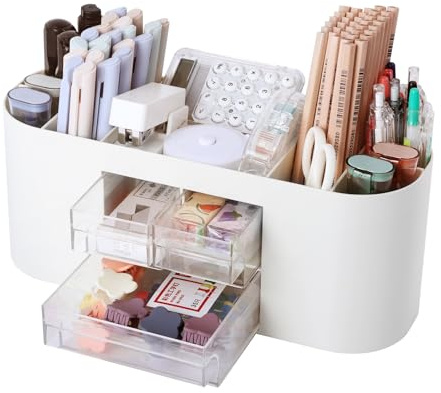 FRETONBA Organisateur de Bureau avec 3 Tiroirs, Pot a Crayon, Transparent | avec 7 Compartiments, Pot à Crayon Multifonction, Organiseur Bureau pour Maison, École