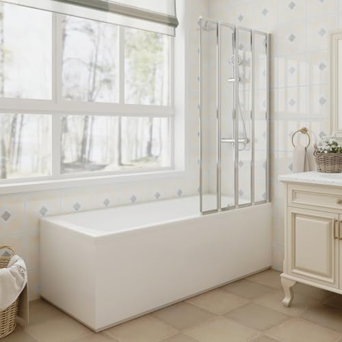 Aquariss 1700x700mm Designer Square Shower Bath Acrylic Straight Single Ended Soaking Bathtub Adjustable Feet + Gloss White Front & End Bath Panel + 850x1400mm Chrome 4 Folding Panel Bath Screen