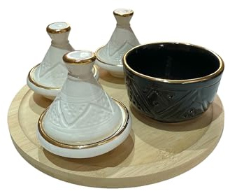 Set di ceramiche marocchine artigianali – 3 mini tajine + 1 ciotola + vassoio – argilla bianca con bordo dorato 14 K – servizio aperitivo/spezie – fatto a mano in Marocco