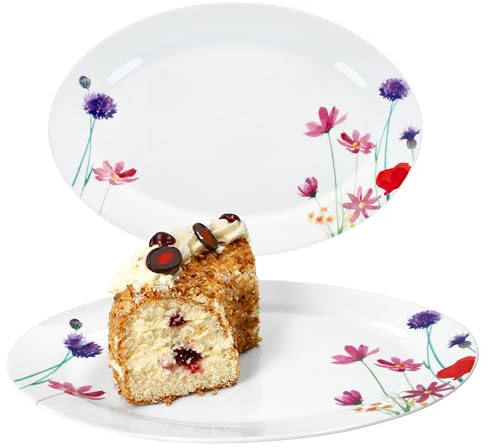 MamboCat Marie Lot de 2 plats de service ovales I (L x l) 35,5 x 24,3 cm | Assiette allongée en porcelaine avec décor prairie florale I pour sushis, antipasti, tapas, etc. I Plat à entrées