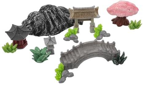 CORHAD Miniature Chinese Zen Garden Accessories Small Portable Bonsai Mountain Figurines with Bridge Pagoda Rockery Decorative Micro Landscape Ornaments for Balcony Patio Fairy Sand