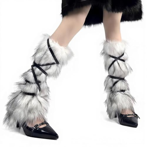 Ziyutam Faux Fur Leg Warmers, Fur Boot Covers, Furry Viking Costume Women and Men Medieval Barbarian Cosplay (White strap)