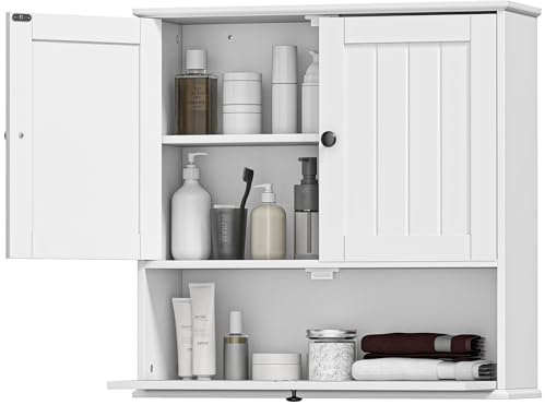 HOMCOM Armario de Baño de Pared, Mueble de Baño Colgar Rústico con Estante Ajustable, Doble Puerta, Puerta Abatible y Cierre Magnético, para Cocina, Lavadero, sobre el Inodoro, Blanco
