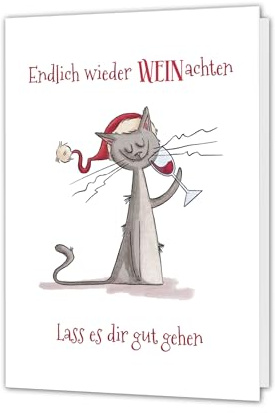 PICTALOO Weihnachtskarte glückliche Katze mit Wein – lustige Grußkarte Weihnachten - Karte liebevolle von Hand illustriert – Klappkarte inkl. Umschlag – nachhaltig in Deutschland produziert
