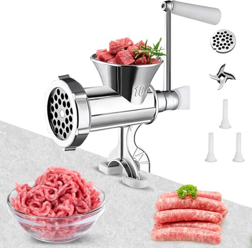 Manuelle Fleischwolf aus Aluminiumlegierung, Fleischmühle mit 3 Wurströhren | Hand Wurstfüller, mit Wurstfüllvorrichtung und Tischklemme, für Hackfleisch, Meat Grinder Manuell für Küche & Camping