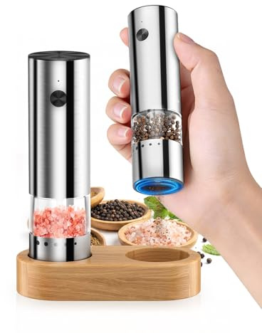 salt och pepparkvarn elektrisk, [ministorlek], bärbar pepparkvarn elektrisk med USB-laddning, 5-stegs extern justering, träbas, rostfritt stål, kryddkvarn för resor, BBQ