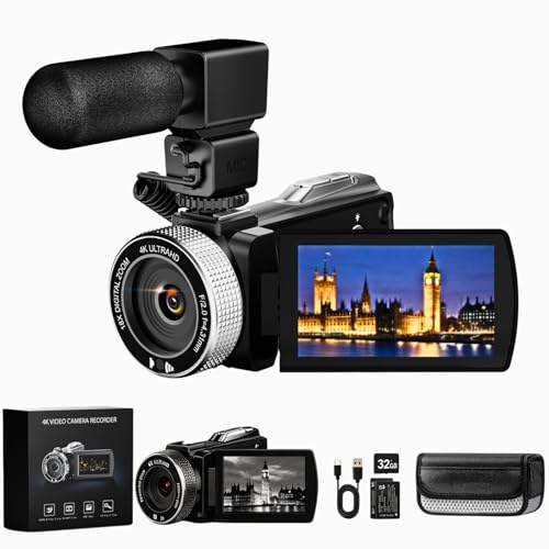 Euiivnt 4K Camcorder Video Camera with Night Vision, 64MP Vlogging Camera for YouTube with External Mic, 18X Zoom & 3.0” Flip Touchscreen, Includes 2 Batteries, 32GB Card & Remote Control