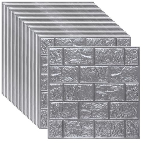 LOPYXBR 3D Brick Effect Wall Panels, Silver, 30x30cm, 30PCS | Self Adhesive, DIY Wall Tiles, For Living Room Bedroom Bathroom Kitchen, 12x12inch