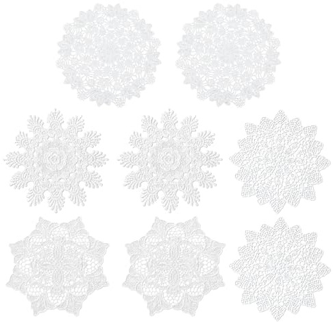 Shensuii Vintage Lace Crochet Doilies for Table Decor, White 8Pcs | Round Crochet Cotton Doilies with Floral Pattern, Soft and Durable Handmade Lace Design, Perfect for Wedding Decor