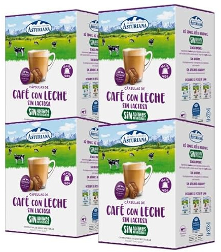 Central Lechera Asturiana Cápsulas de Café con Leche Desnatada Sin Lactosa, 4 x 16 cápsulas