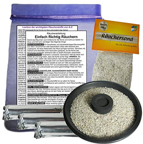 Räucherschale 12cm aus Naturstein zum Räuchern 7-TLG Zubehör Set mit 3 x Rollen (30 Tabs) Premium Räucherkohle + Räuchersand + Stoffbeutel. 81809-3S