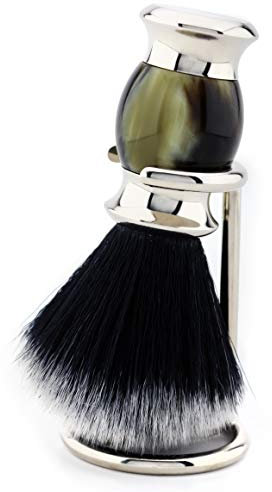 Black Synthetic Hair Shaving Brush with Horn Resin Replica Handle + Steel Holder