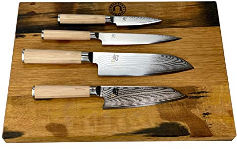 Palatina Werkstatt ® exklusives KAI Shun Classic White Messer-Set | 4 ultrascharfe Profimesser aus Damaststahl | + großes Fassholzbrett, 40x30 cm | VK: 716,- €