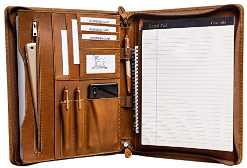 Gavarnie Genuine Leather Professioal Business Portfolio Padfolio Folder with Zipper for Men and Women,Work Portfolio for Letter Size Notepad, for Meeting and Travel, Brown