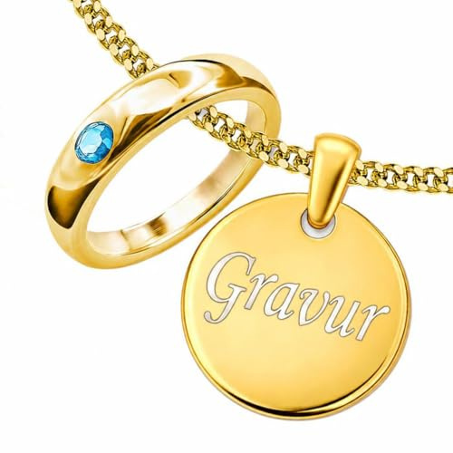 CLEVER SCHMUCK Set Gold Taufkette 2 Anhänger Platte 12mm mit Gravur + Taufring mit Stein + Kette Silber 925 vergoldet Taufgeschenk in Etui
