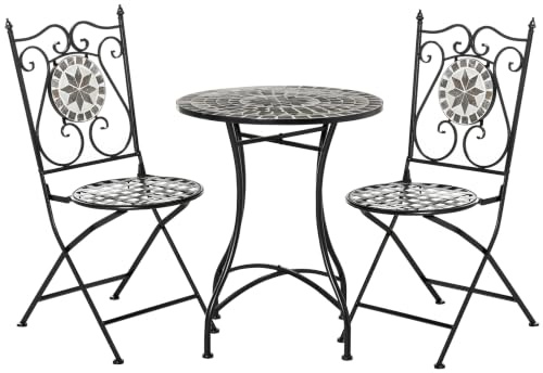 Outsunny 3 Pcs Mosaic Tile Garden Bistro Set, Table, 2 Folding Chairs Grey | Outdoor Seating, Metal Frame, Elegant Scrolling, Indoor Patio Balcony
