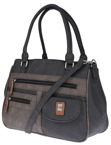 Christian Wippermann - Sac à bandoulière pour femme - De grande taille - Aspect cuir, noir/gris, 32 x 24 x 12 cm