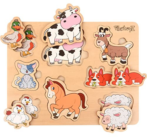 PikatoyZ® Puzzle ab 1 Jahr, 2 und 3 Jahre – Montessori Holzspielzeug mit Bauernhoftieren – Kinderpuzzle und Steckspiel aus Holz – Lernspiel für Kleinkinder