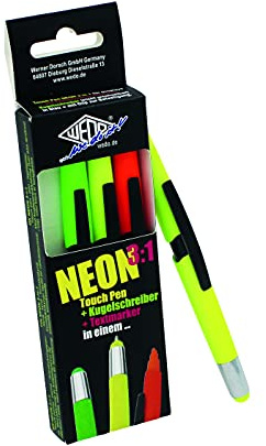 WEDO 261610499 3-in-1 Touchpen, Kugelschreiber und Textmarker, (4er Pack), 2x neongelb, neongrün, neonorange