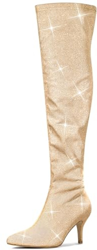 Allegra K Damen Glitzerstiefel mit spitzem Zehenbereich, Stiletto-Absätze, Overknee-Stiefel