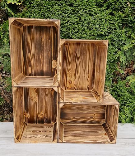 PYXIDAS Cassette in Legno Naturale o Effetto Bruciato 40x30x25 cm – Set Portafrutta Decorativo e Contenitore – Robuste, Pulite, Pronte all’Uso per Casa, Cucina o Arredo Rustico (Effetto Bruciato, 4)