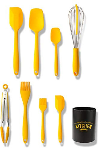 Cooking Equipment Silicone Baking Utensil Set - 9 PCS Kitchen Cooking Tool Sets with Holder - Nonstick Cookware Set for Countertop Dishwasher Safe, Yellow Cooking Accessories