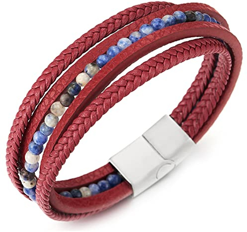 COOLSTEELANDBEYOND Multi-Strang Armband Edelsteine Wulst Kette Geflochtene Leder Schweißband Edelstahl Magnetverschluss