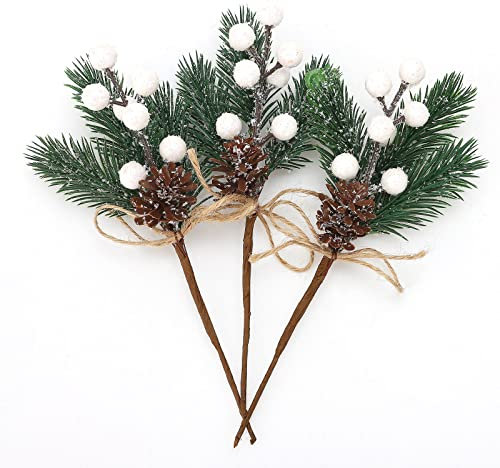 HGUIM 12 künstliche Weihnachtsspieße und Sprühstöße, 20 cm, weiße Beeren-Plektren, Stiel, künstliche Tannenzapfen, Spray mit Tannenzapfen, Winterblumen-Plektren für Weihnachtsbaumgirlande, Kränze