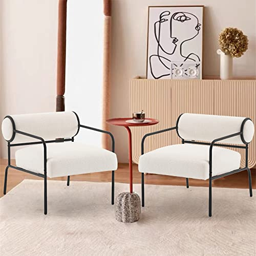 Mingone 2er Set Sessel aus Lammwolle modern Loungesessel mit armlehne | Ohrensessel mit Schwarz Metallbeine, Für Wohnzimmer Schlafzimmer, Bis 120kg, weiß