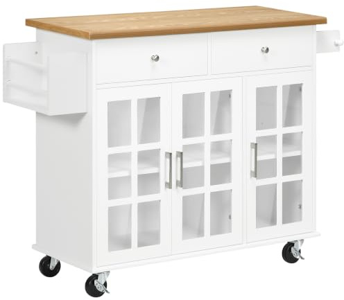 HOMCOM Carro de Cocina con Ruedas Multifuncional 124,5x39,5x90 cm Blanco | Isla de Cocina, 2 Cajones, 3 Puertas de Vidrio Templado, Toallero, Especiero