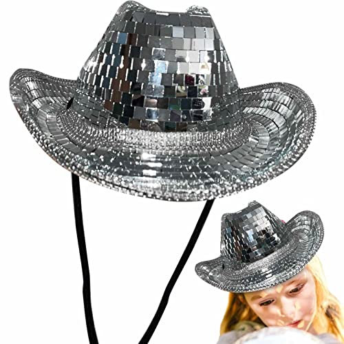 LINGJIONG Disco-Kugel-Hut | Glitzer Disco Verspiegelter Hut Pailletten Cowboyhut - Junggesellenabschiedshut für Junggesellenabschiede, funkelnder Glitzer-Weltraumhut für Damen, für Party, Tanz, Bühne