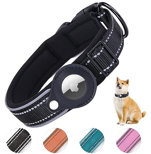 AgoumLux Hundehalsband für AirTag, Apple Airtag Reflektierendes Halsband Hund, Integriertes Air Tag für Kleine Mittelgroße Große Hund, Schwarz, M
