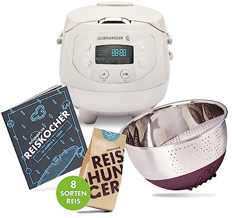 REISHUNGER Digitaler Reiskocher klein – 0,6 L – Starterset – Grau | Für bis zu 3 Personen – 11-teiliges Starterset inkl. Reiswaschschüssel, Kochbuch & 8 Sorten Reis