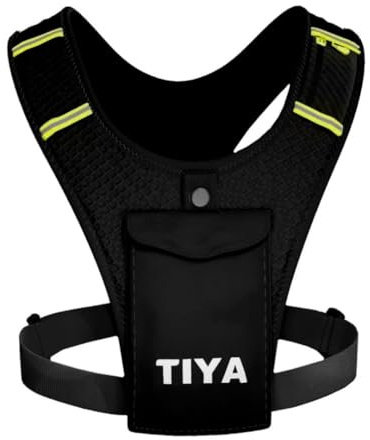 TIYA Running Vest Phone Holder | Waterproof Smartphone Pouch | Zero Bounce | Ultra Lightweight | Reflective | Shoulder Pocket for Keys, Cards & Gel | Adjustable | Men & Women | Black/Yellow