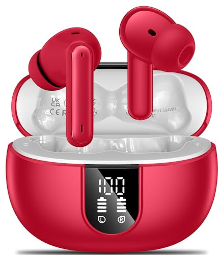 Wireless Earbuds, 2024 Wireless Headphones HiFi Stereo Earphones with 4 ENC Noise Canceling Mic, 42Hs Playtime In Ear Earbud, Bluetooth 5.3 Sport Earphones with LED Power Display for Android iOS Red