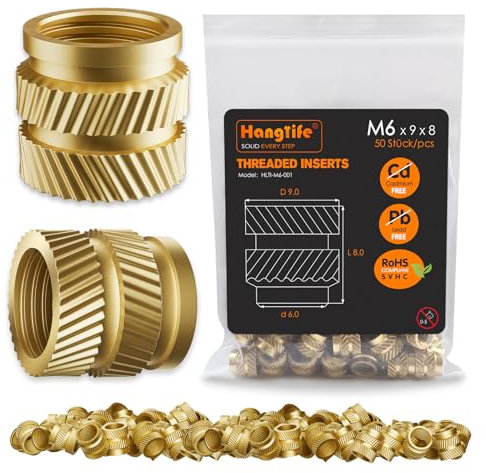 HANGLIFE Inserti Filettati a Caldo, M6 Inserto Filettato per Componenti di Stampa 3D e Parti in Plastica - Dadi Scanalati Metrici in Ottone (50 Pezzi)