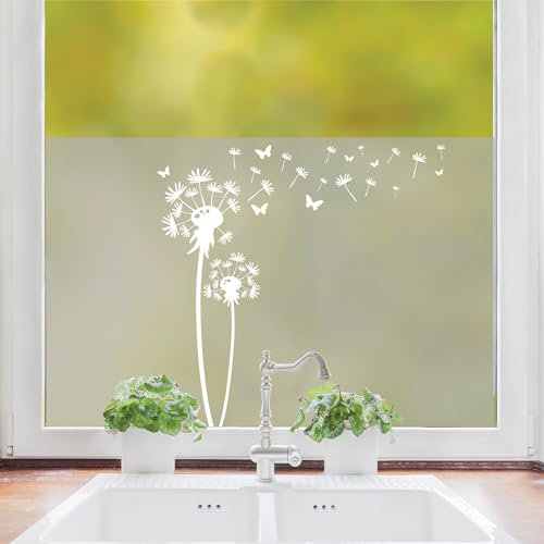 Sichtschutzfolie Fenster Küche Pusteblume mit Schmetterlingen Fensterfolie Fensterdeko Milchglasfolie, 55 cm hoch, 65 cm breit