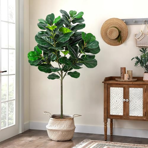 GlowSol Higuera Artificial de Hoja de violín de 5.2 pies, Planta de ficus lyrata sintética con 62 Hojas de violín, Plantas Falsas Altas con Maceta para Interiores, Sala de Estar, casa, Oficina,
