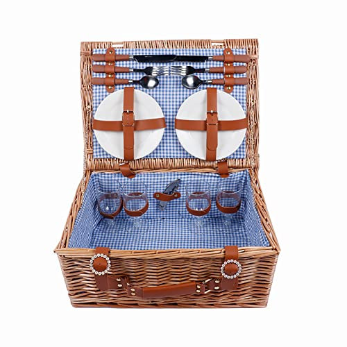 HAVVMK Picknickkorb für 4 Personen, Korbset, wasserdichte Picknickdecke mit waschbarem Futter, Korb, Besteck-Servierset als tolles Geschenk – Vierer, rosa kariert