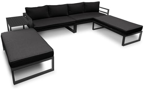 Perel Loungegarnitur Aluminium schwarz, 8 Personen Gartengarnitur mit Beistelltisch, Sitz- und Rückenkissen, wetterfest für Garten, Terrasse und Balkon