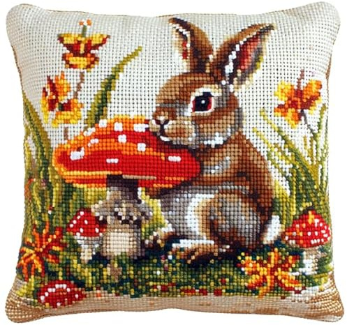 kitphoenix Stickset Kreuzstich Kissen Set Vorgedruckt - Stickset Anfänger Kaninchen DIY Bastelset Vorgezeichnet Erwachsene zum Sticken mit Stickvorlage & Sticknadel und Stickgarn 45 x 45 cm