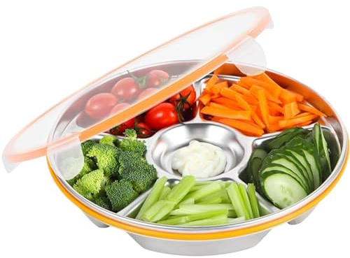 Wedhapy Divide Serving Tablett mit Deckel 6 Fächer Snack Tablett luftdicht versiegelte Gemüseschale Edelstahl -Snack -Box -Behälter für Partyplatten Vorspeisen Desserts Snacks Snacks mit Deckel