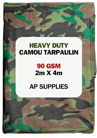 AP Supplies 90gsm Camouflage Tarpaulin 2m x 4m – M-Grade Camo Tarp with Eyelets Every 1m – Lightweight Waterproof Ground Sheet for Camping, Hunting, Garden & Outdoor Cover, Army Green Polyethylene