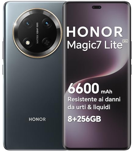 HONOR Magic7 Lite Smartphone 5G Android 14 Dual SIM NFC, 8GB RAM 256GB, 6600 mAh, 6.78 pollici AMOLED Display,Drop/Water/Heat-Resistente,108 MP, esperienza intelligente AI, Titanium Black