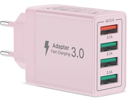 Chargeur USB Multiple, 4-Port Prise USB 40W QC 3.0 Bloc Chargeur Rapide pour iPhone Series, Samsung, Huawei, Xiaomi, Google, Telephone, Multiprise USBA Embout Adaptateur Multi SecteurUSB Murale Rose