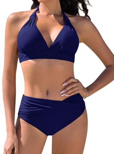 Nadeer Dam Badkläder Push Up Vadderad BH V-ringning Tvådelad Bikini Set Sexig Vintage Badkläder Elegant Halter Strandklänningar Strandkläder, Marinblå, L