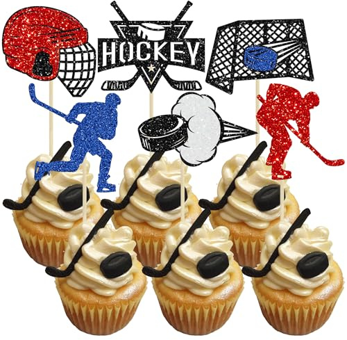 Gyufise 24Pcs Hockey Cupcake Toppers Black Glitter Hockey Players Cupcake Picks Ice Hockey Sports Theme Baby Shower Boys Girls Birthday Party Cake Decorations Supplies Multi