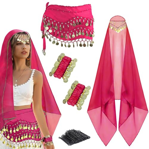 4 Pcs Belly Dance Outfit Sets, Belly Dance Chiffon Hip Scarf with Coins, Gypsy Head Scarf with Coins, 2 Coin Wrist Bracelet, 50 Pcs Bobby Pins, for Women Girls Birthday Rave Costume Accessory (Rose)