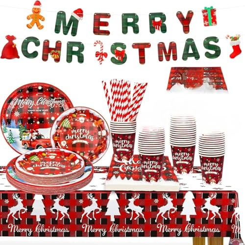 KAHEIGN 127 Piezas Vajilla de Papel para Fiestas Navideñas, 25 x 23CM Platos Grandes, 25 x 18CM Platos de Ensalada, 25 x 270ml Vasos, 25 x 16CM Servilletas y 20CM Pajitas, 1 x Mantel y Pancarta