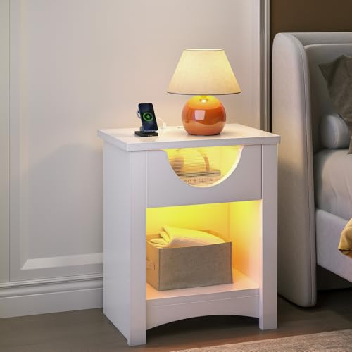 Bestier White Slim Bedside Table with USB Port and Type-C Port: Compact, narrow-edge design with wooden drawer and LED light. Suitable for bedrooms, living rooms, and offices (one set).